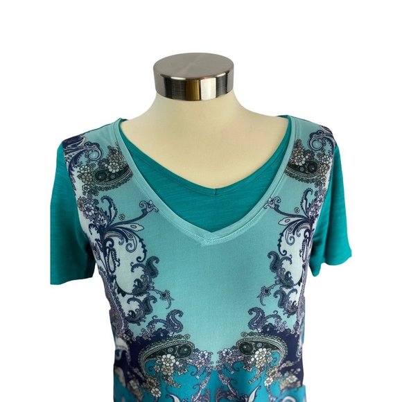 XS DG2 Diane Gilman Women's Teal V-Neck Mesh Paisley Overlay Short Sleeve Tshirt - Picture 6 of 7